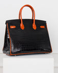 Hermès Birkin Limited Edition aus Alligator Leder mit Palladium Beschlägen in Noir/Orange