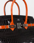 Hermès Birkin Limited Edition aus Alligator Leder mit Palladium Beschlägen in Noir/Orange