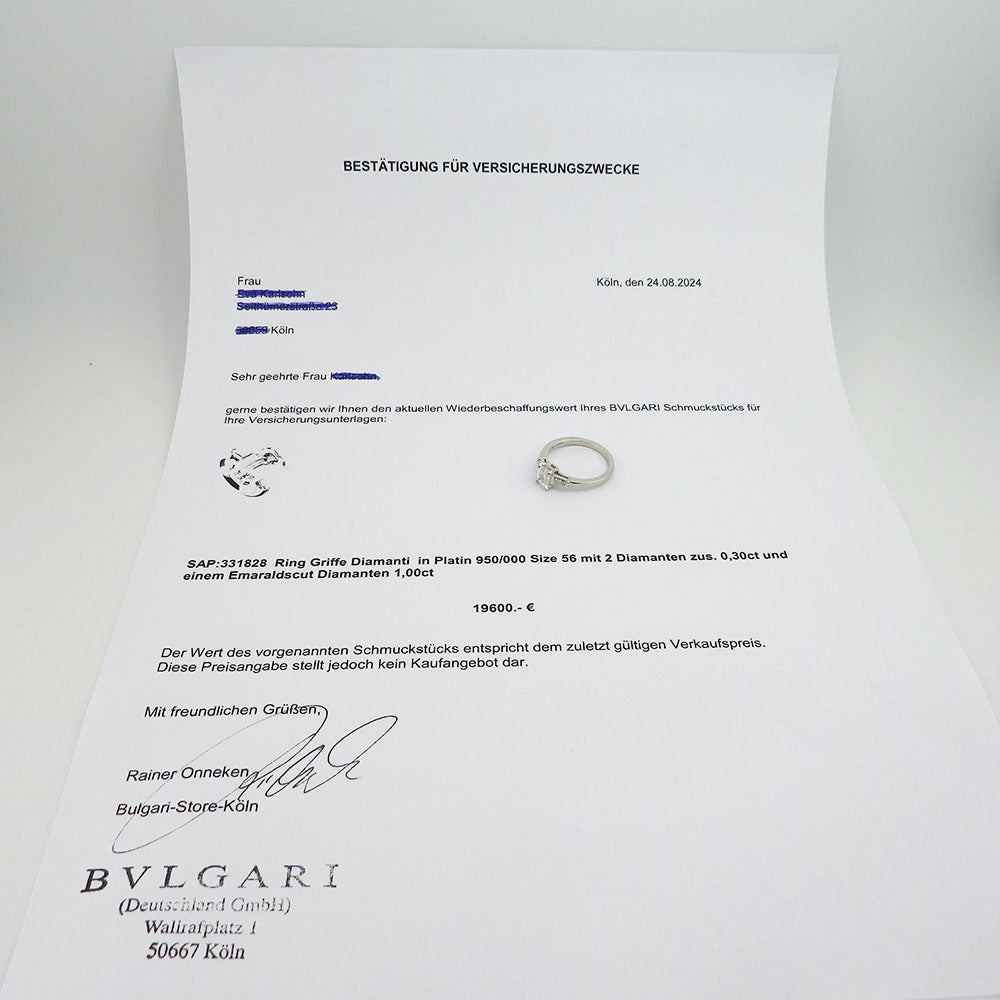 Bulgari Griffe Diamanti Solitärring mit 1,30ct Diamant in 950`er Platin Gr. 56