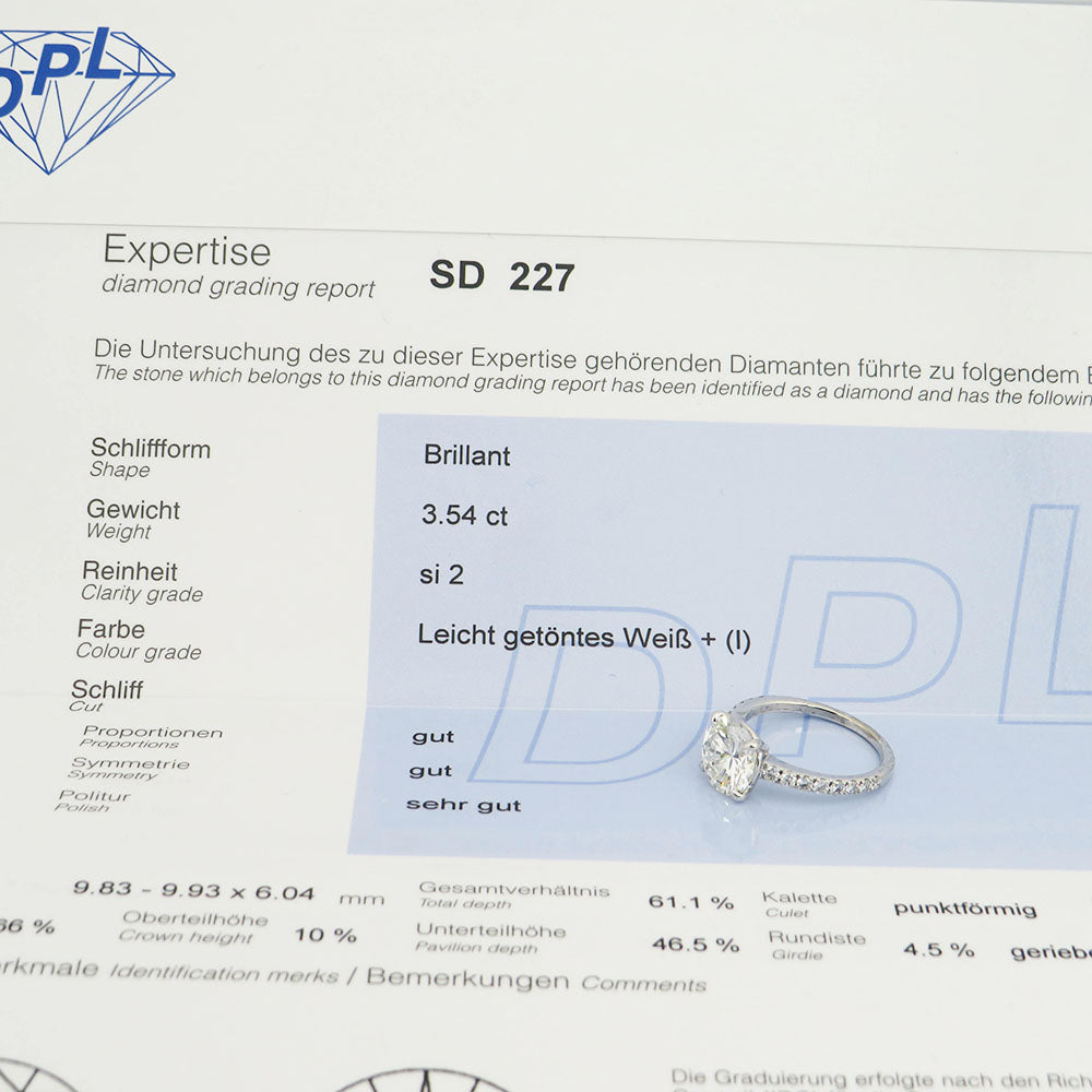 Solitär Ring mit 3,54ct I-si2 + 0,32ct Brillant in 750/18K Weißgold Gr. 56 / DPL