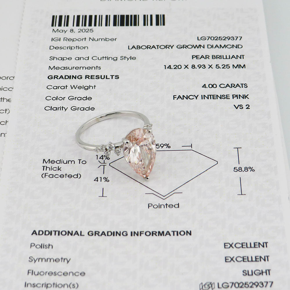 Ring mit 4,00ct pink-vs2 Dia. + 0,20ct E-vs Brillant 585/14K Weißgold Lab. Grown